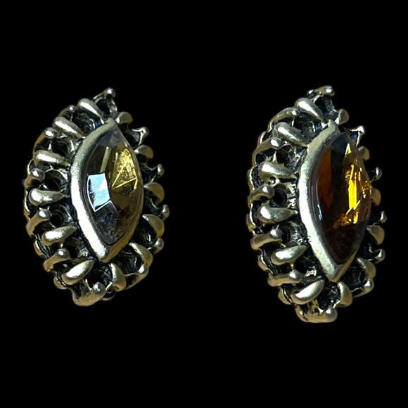 Vintage Amber Glass Marquise Stone Brass Tone Post Earrings - Picture 16 of 16